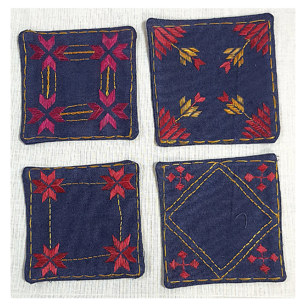 "Nabha Phulkari "hand embroidered cotton indigo coasters 